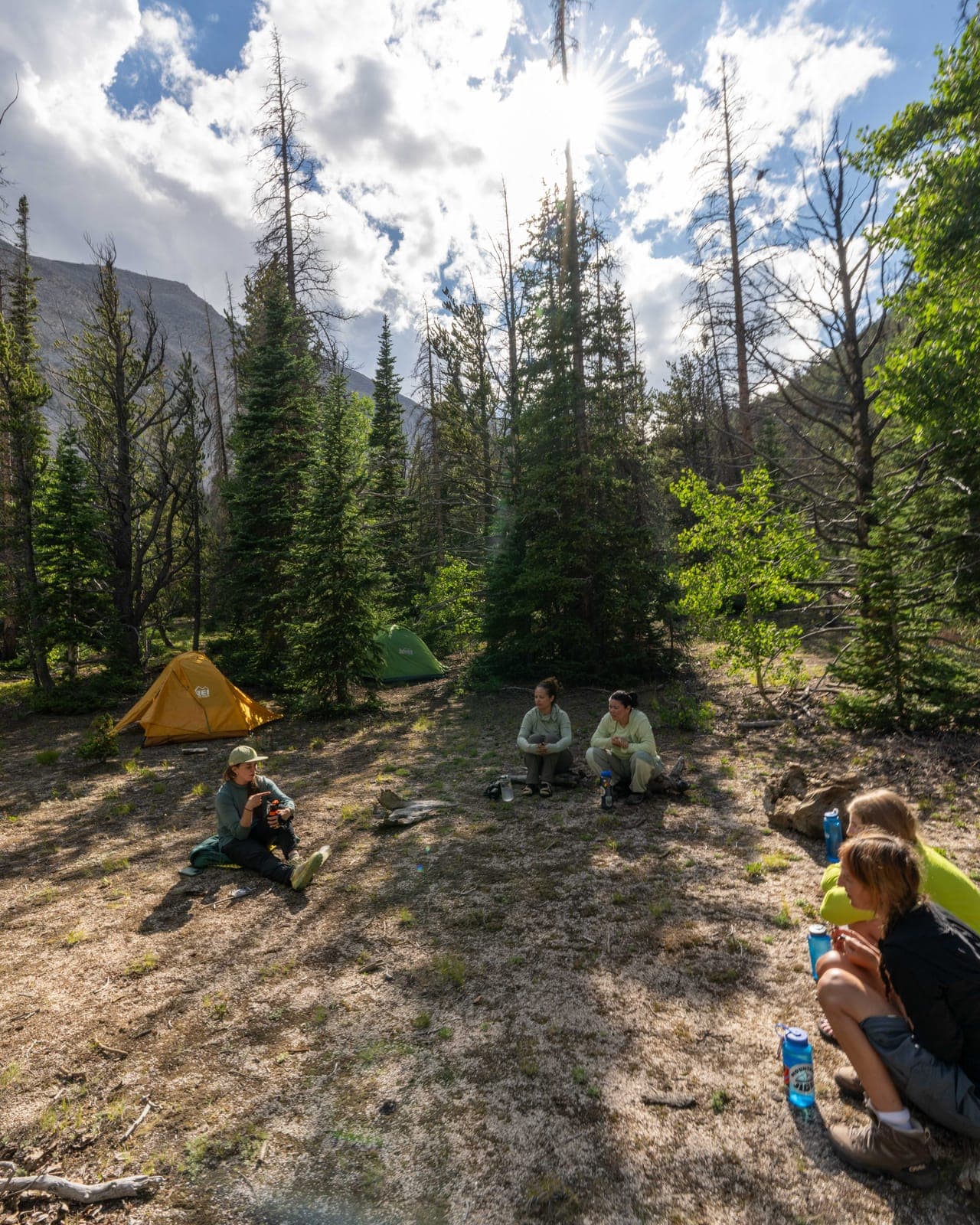 Backpackers gather in a forest campsite beside yellow and green tents.