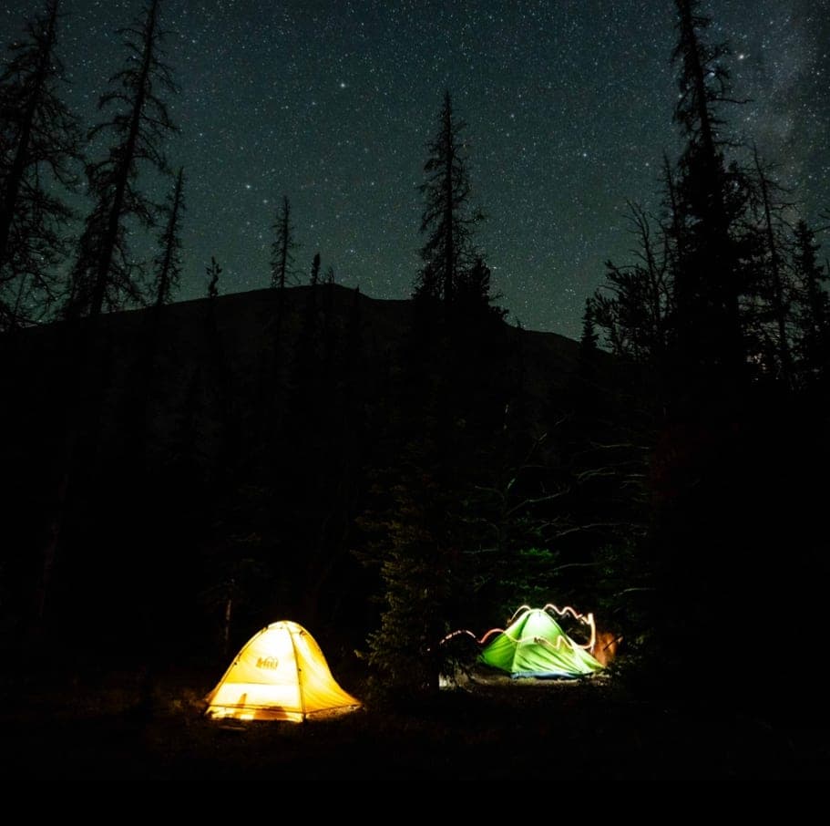 Yellow and green tents glow beneath a starry sky in a forest campsite.