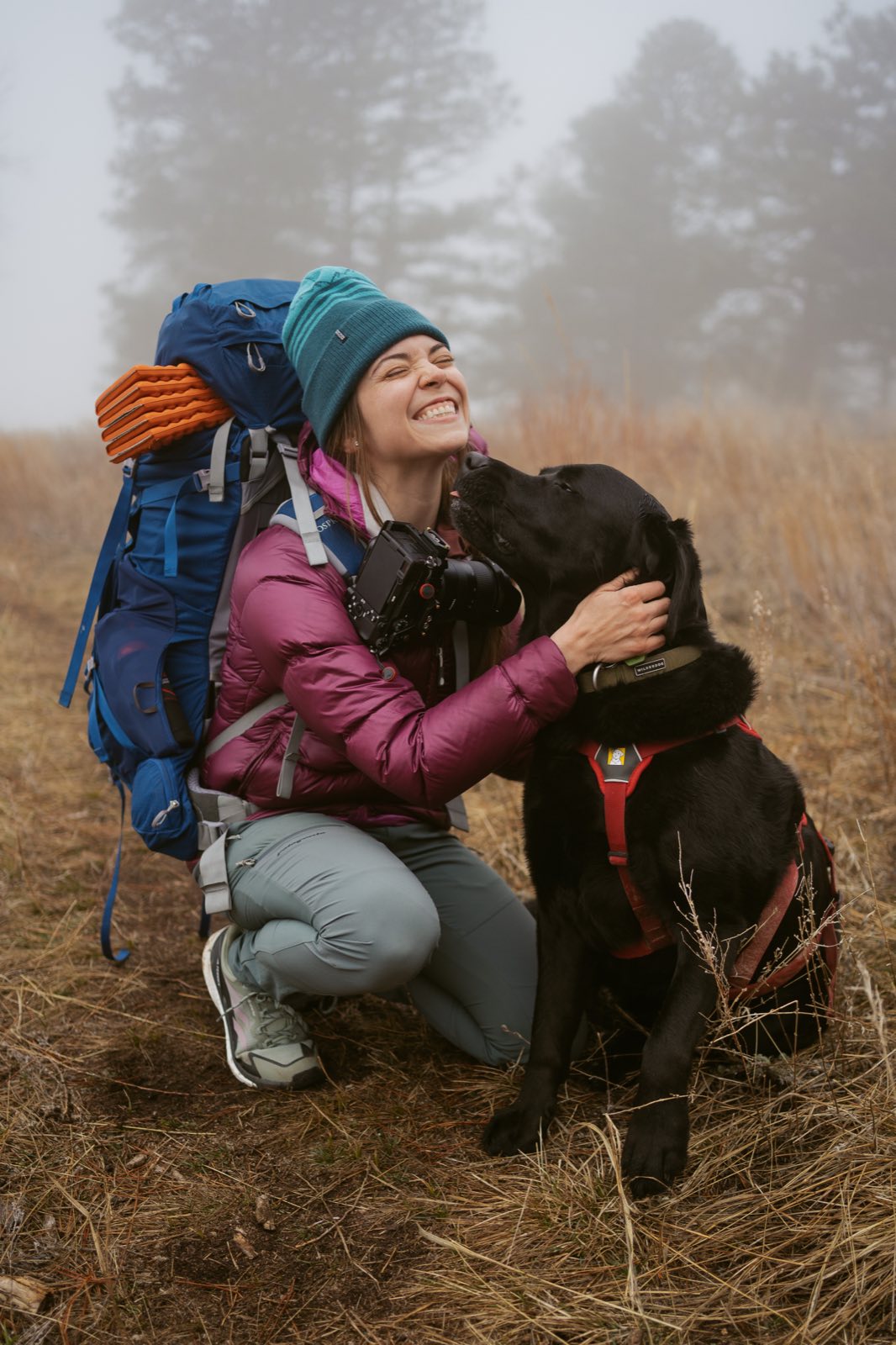 A laughing hiker in a teal beanie and purple jacket crouches nose-to-nose with a black Labrador wearing a red harness, a loaded backpacking pack on her back, on a foggy trail.