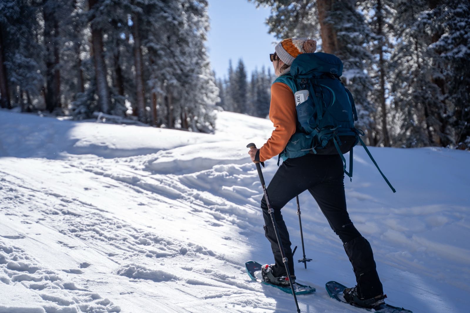 A snowshoer with trekking poles and a loaded backpack heads up a sunlit trail through a snowy forest.