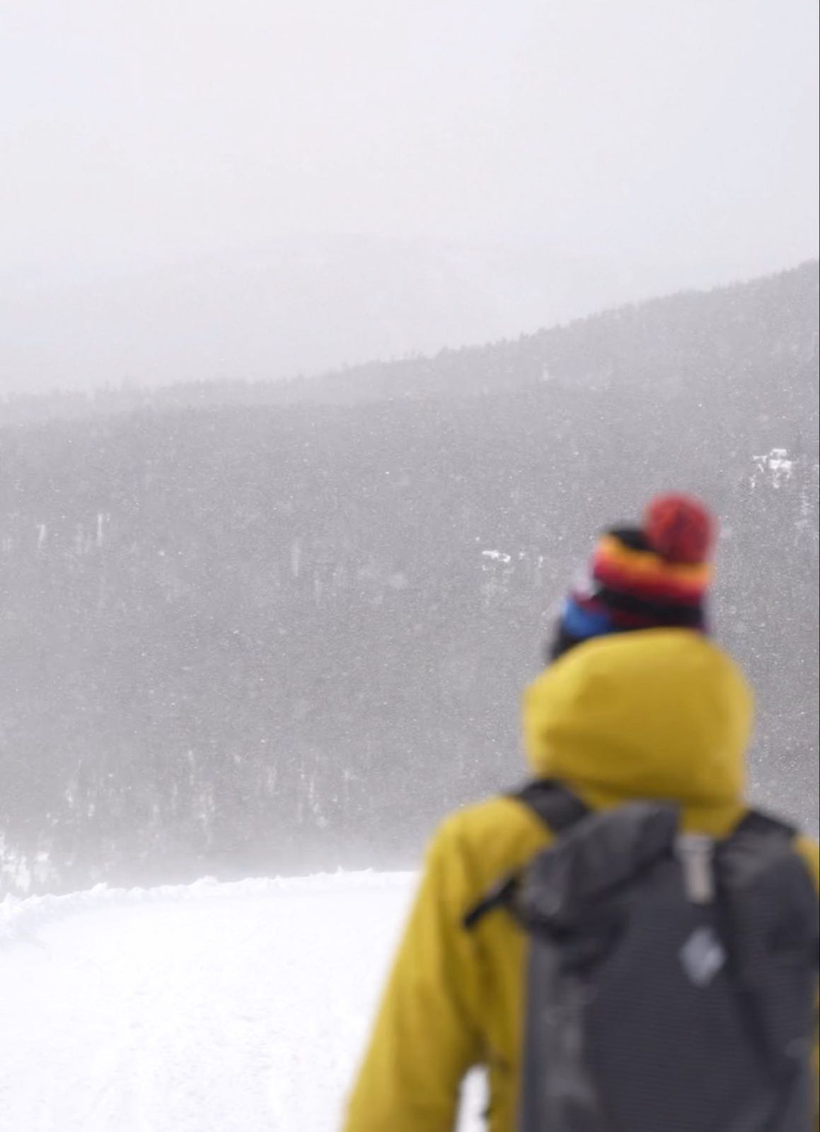 Two hikers in bright winter jackets and beanies walk away from the camera into blowing snow on a foggy mountainside.