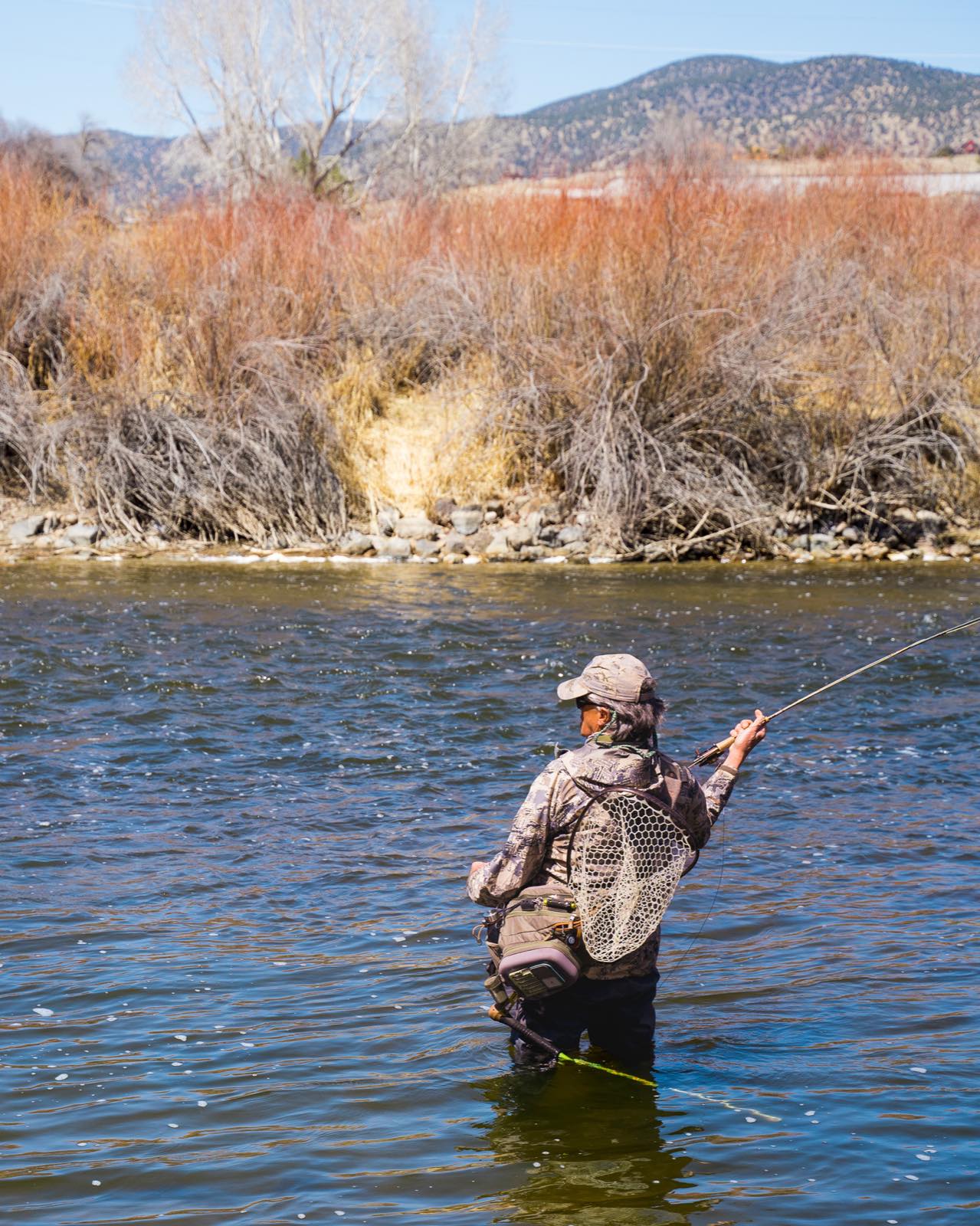 A fly fisherman wades into the Arkansas River, casting a line toward the far bank.
