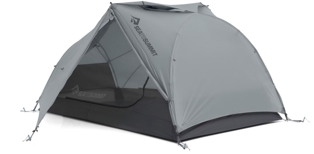 A Sea to Summit Telos TR2 backpacking tent set up on a campsite.