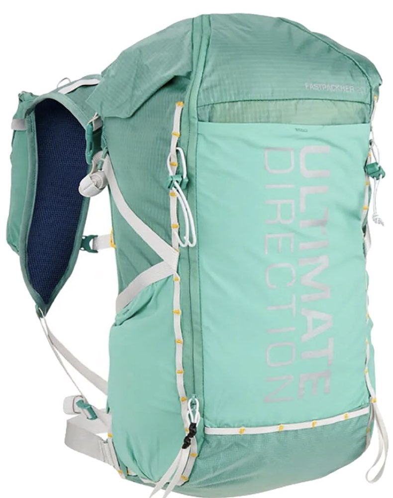 An Ultimate Direction FastPackHer 20L running vest pack.