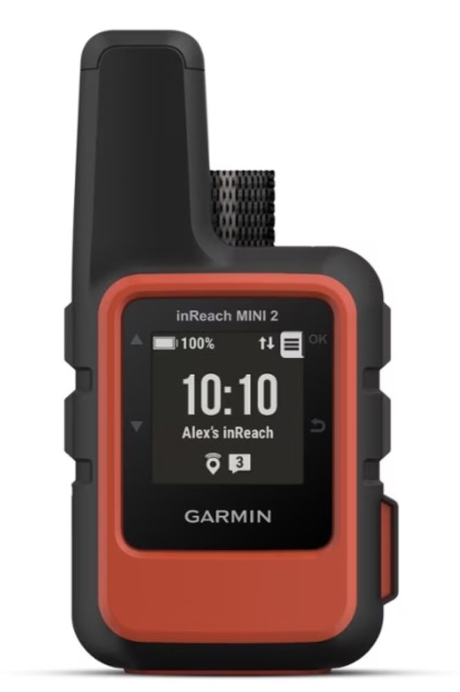 A Garmin inReach Mini 2 satellite communicator clipped to a pack strap.