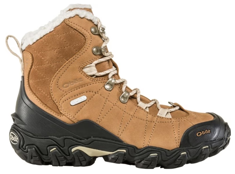 A pair of Oboz Bridger insulated waterproof winter hiking boots.