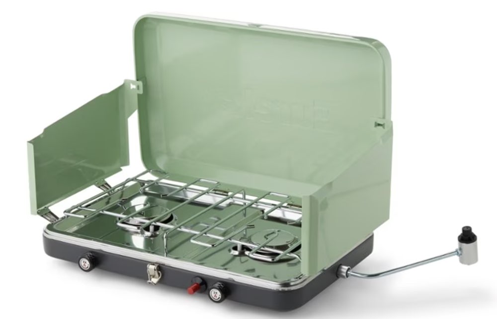 A Coleman Classic two-burner propane camp stove.
