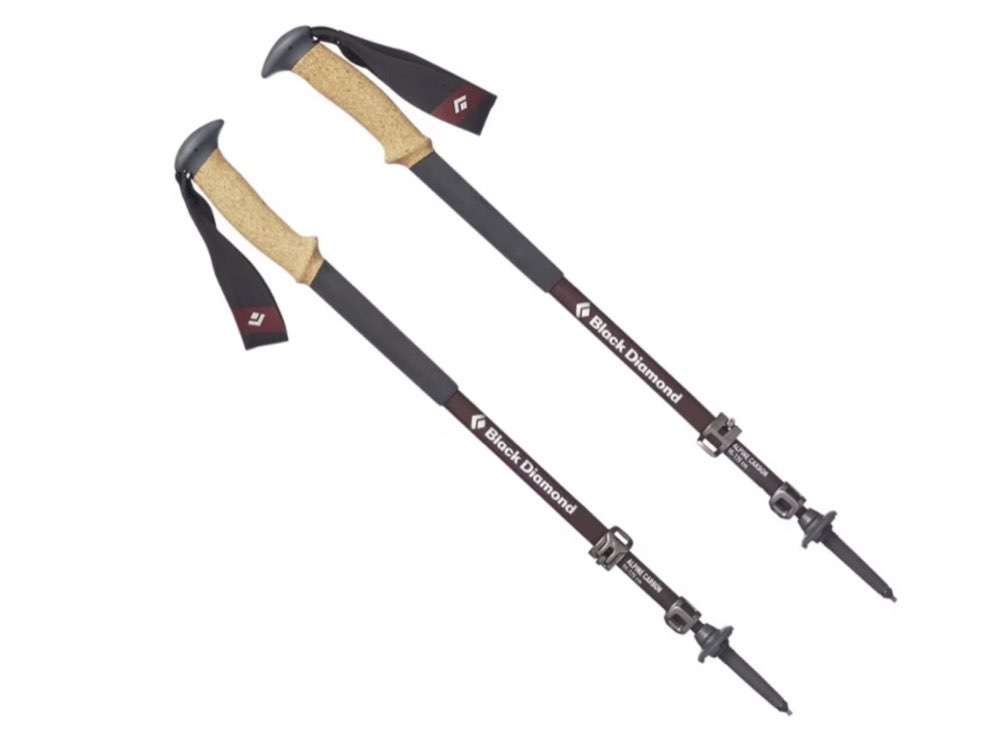 A pair of Black Diamond carbon trekking poles with cork grips.