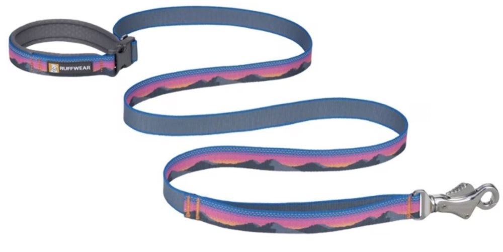 A patterned Ruffwear leash with an adjustable buckle handle.