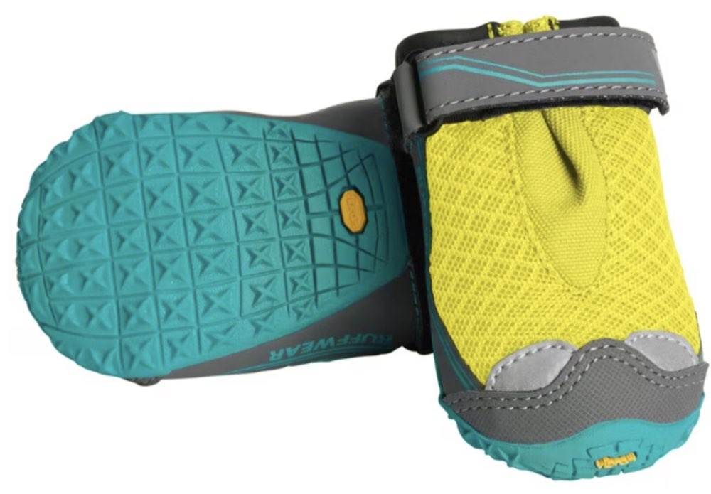 A pair of Ruffwear Grip Trex dog boots.