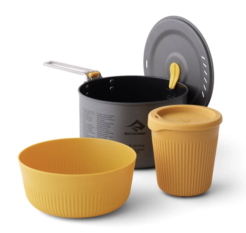 A Sea to Summit collapsible camp cook and dinner set.