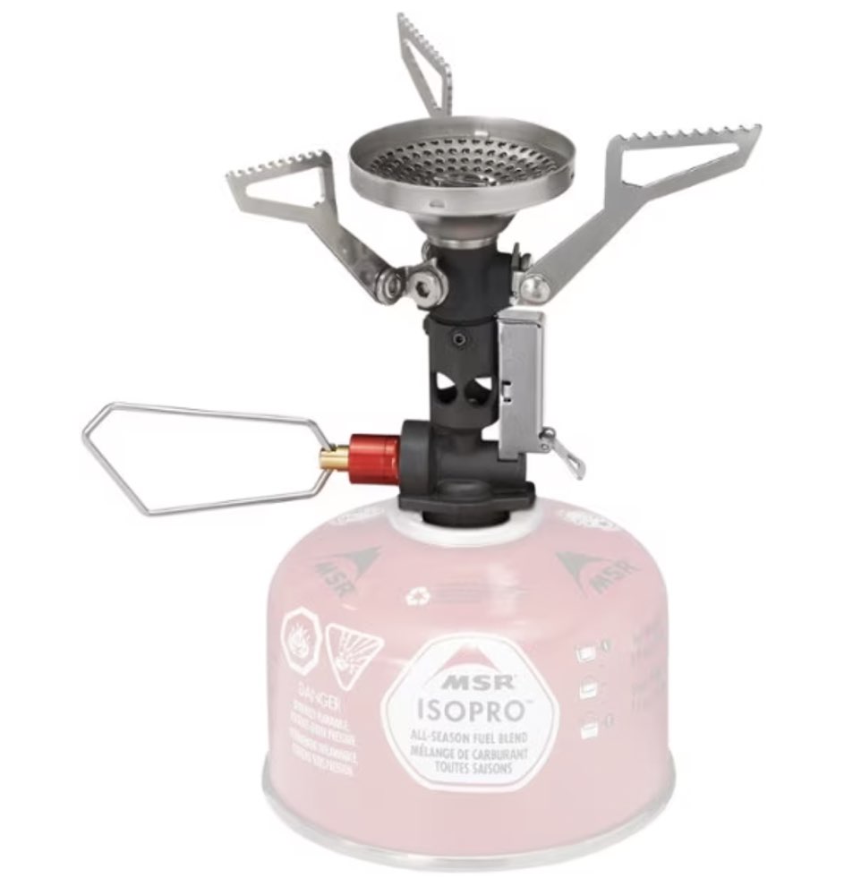 An MSR Pocket Rocket backpacking stove with a canister.