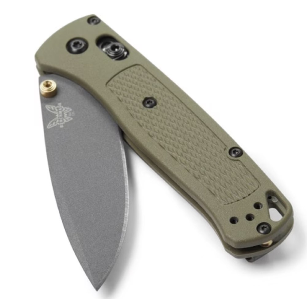 A Benchmade Bugout drop-point fine-edge knife.