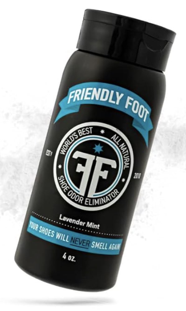 A container of Friendly Foot Powder shoe deodorizer.