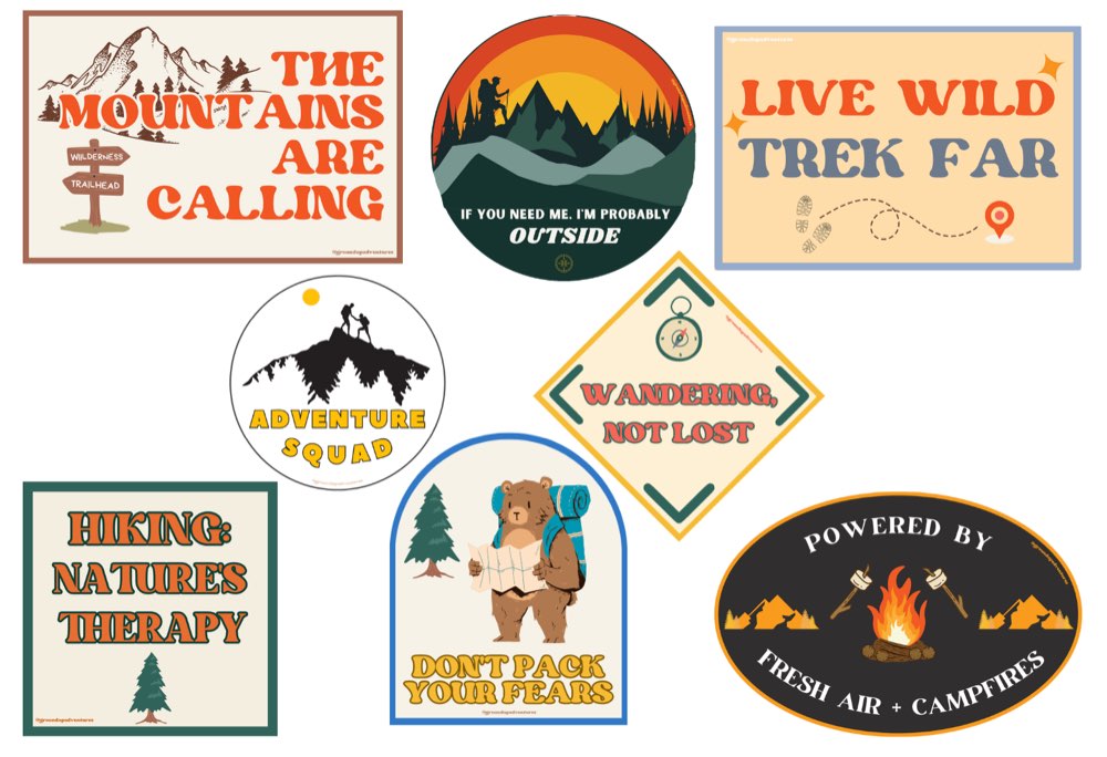 A sheet of Ground Up Adventures adventure stickers.