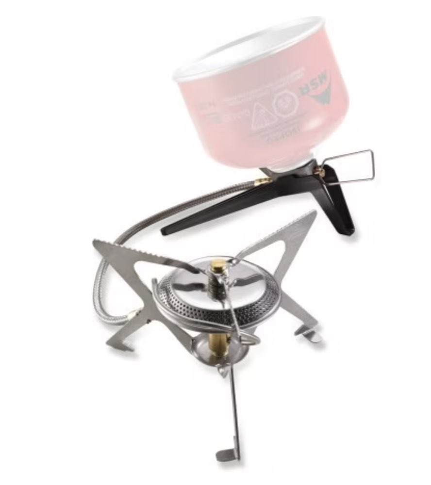 An MSR WindPro II backpacking stove with an inverted fuel canister.