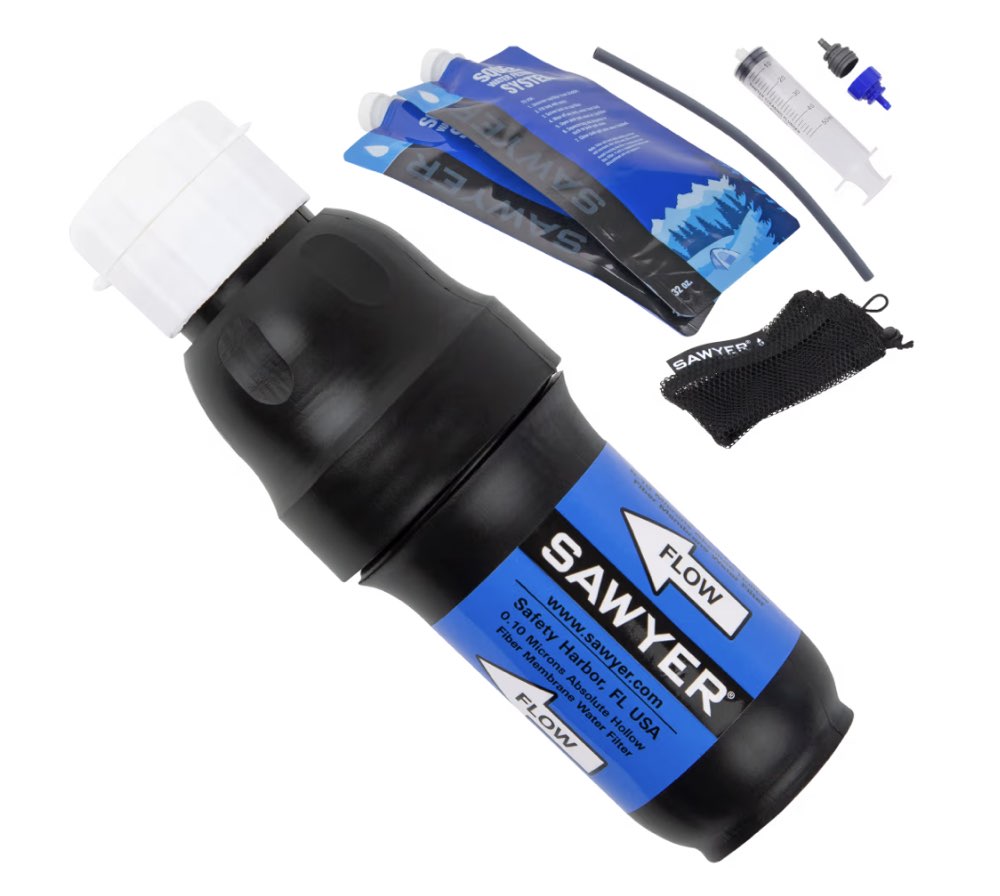 A Sawyer Squeeze water filtration system.