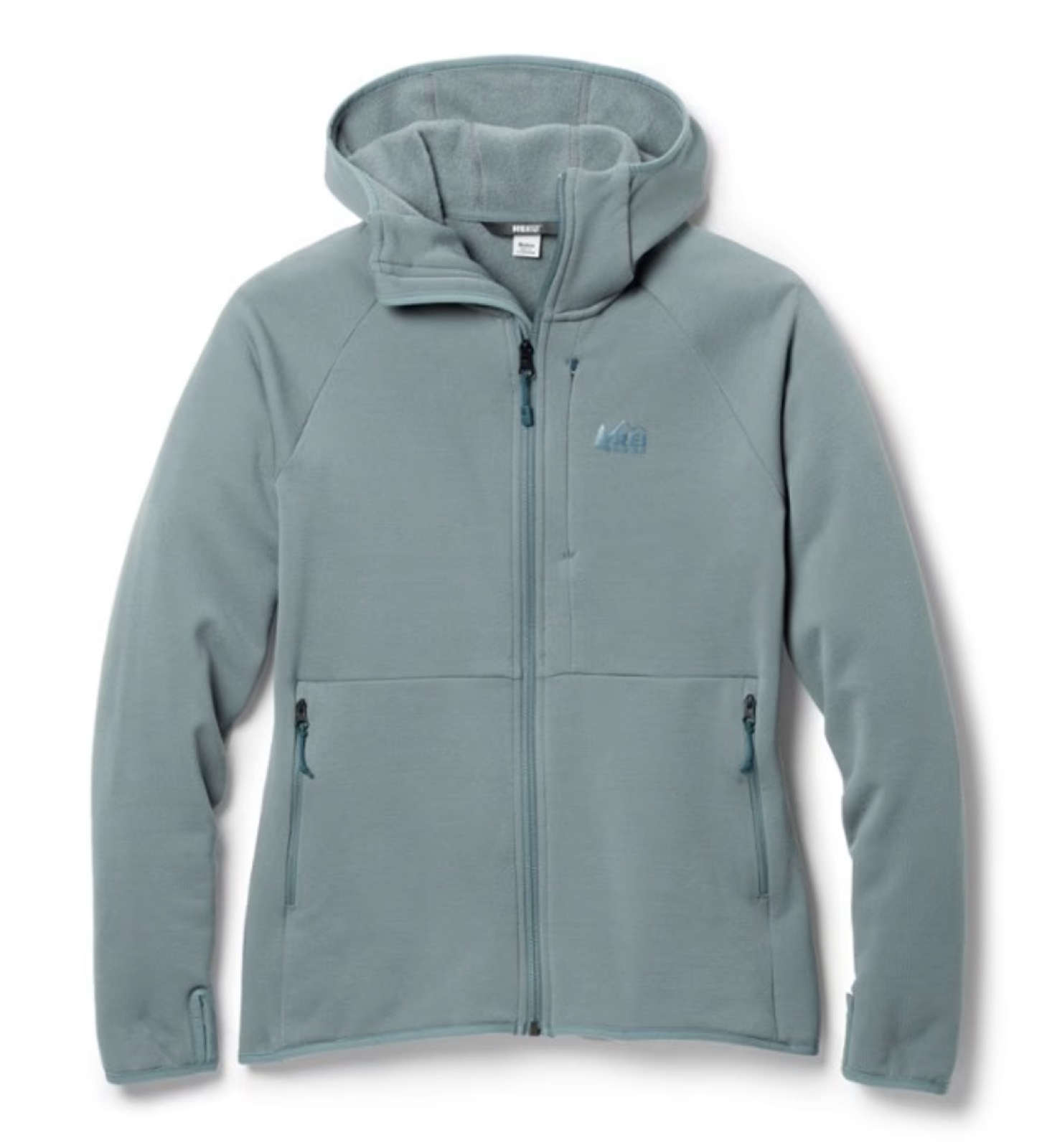 Product photo of the REI Co-op Hyperaxis fleece hooded midlayer jacket in sage green.